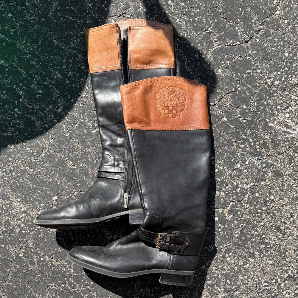 Vince Camuto Black and Brown Embossed Riding Boots